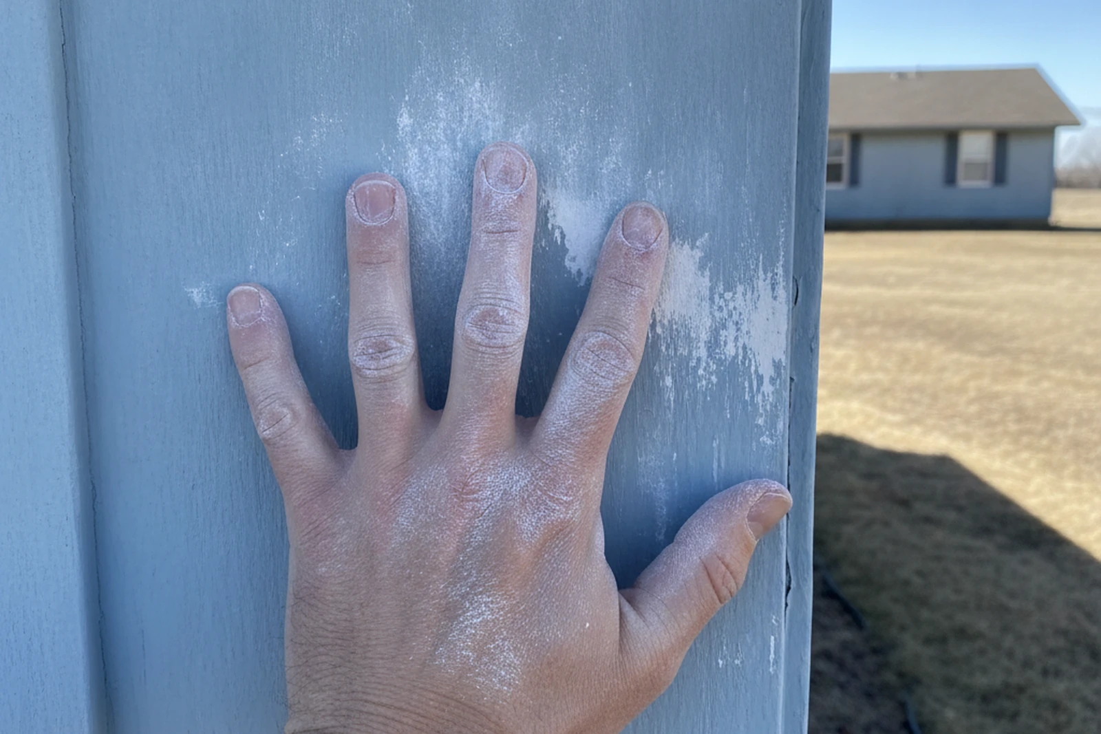 Chalked faded exterior paint UV damage Enid Oklahoma Garfield County 100 degree heat before repaint residential Brad
