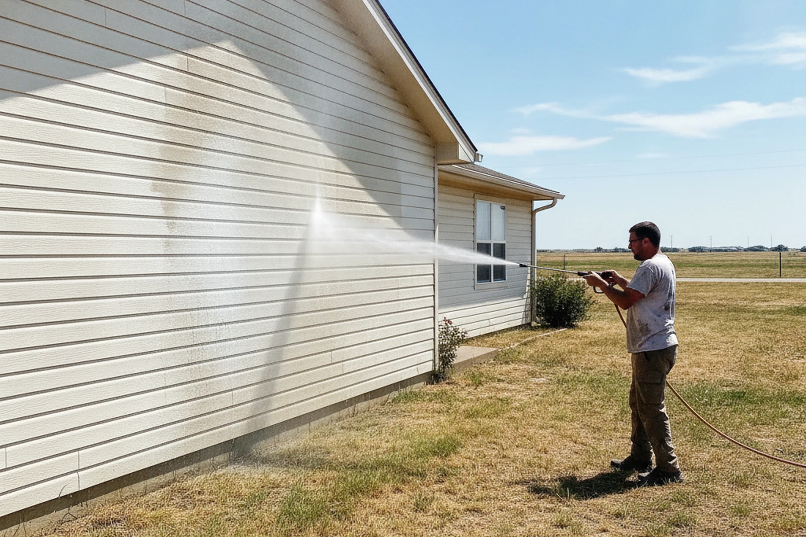 Pressure washing chalk removal exterior prep Enid Oklahoma Garfield County UV oxidation removal before prime Brad